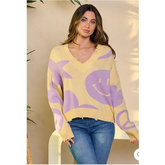 Graphic Smiley‎ Face Retro  V-Neck Sweater Yellow & Lavender Pullover Distressed - Picture 1 of 4